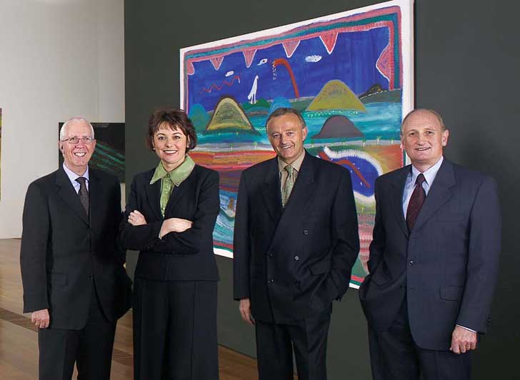 Lance Hockridge, Kathryn Fagg, Michael Courtnall, Noel Cornish pictured in the newly named BlueScope Steel Indigenous Art Galleries at the National Gallery of Victoria in Melbourne.