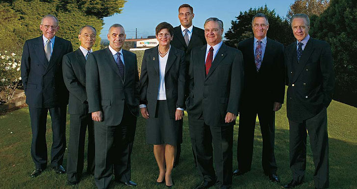The Directors photographed at New Zealand Steel, home of the market-leading COLORSTEEL brand, during a Board meeting in March 2004.